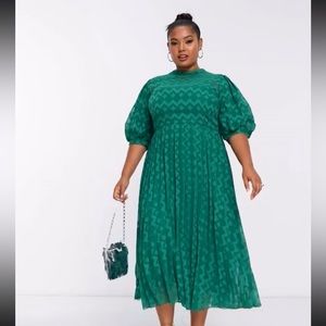 ASOS DESIGN Curve high neck pleated chevron midi dress forest green